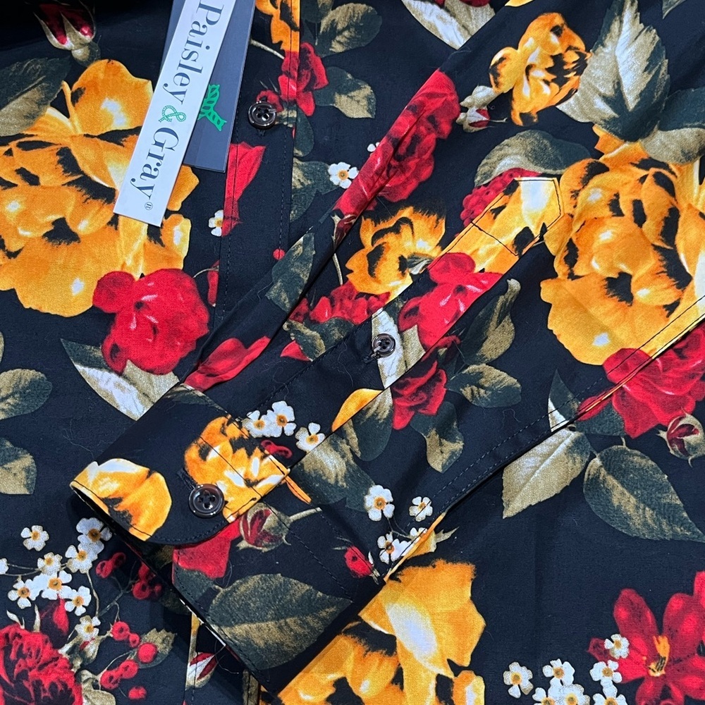 Paisley & Gray Slim Fit Tab Collar Black All Over Print Roses Club Shirt - Picture 8 of 14
